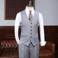 Gray Formal Notched Lapel Three-Piece Business Suit