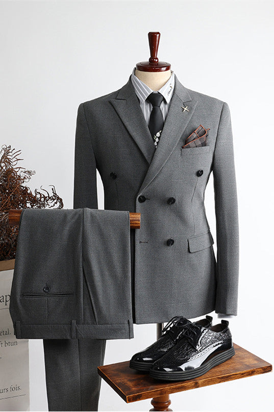 Gray Modern Double Breasted Peak Lapel Business Men’s Suits