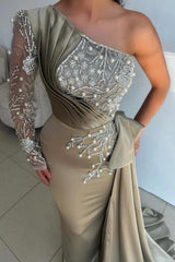 Gray One Shoulder Long Sleeve Beaded Column Satin Floor Length Formal Evening Gown