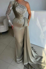 Gray One Shoulder Long Sleeve Beaded Column Satin Floor Length Formal Evening Gown
