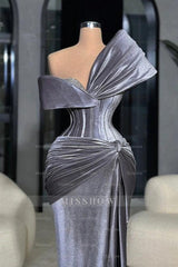 Gray One Shoulder Sleeveless Mermaid Satin Ruched Floor Length Formal Evening Gown