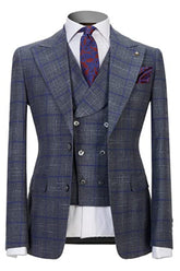 Gray Peak Lapel Close-Fitting Three-Piece Plaid Men's Business Suit
