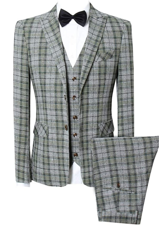 Gray Plaid Bespoke Three-Piece Peaked Lapel Business Suits