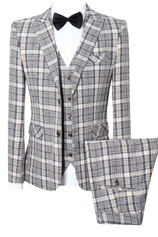 Gray Plaid Slim Fit Three-Piece Peaked Lapel Business Suit