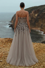 Gray Strapless Sleeveless A-Line Tulle Floral Applique Floor Length Formal Evening Gown