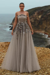 Gray Strapless Sleeveless A-Line Tulle Floral Applique Floor Length Formal Evening Gown