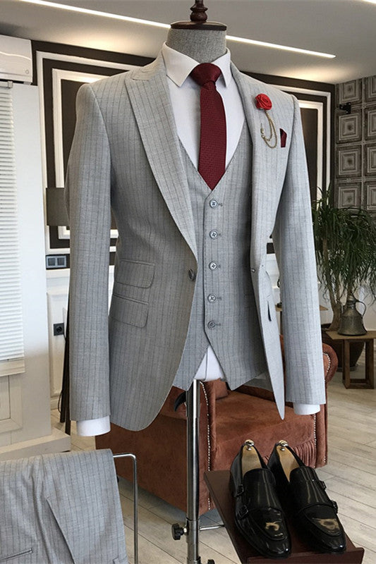 Gray Striped Close-Fit Peaked Lapel Three-Piece Business Suit