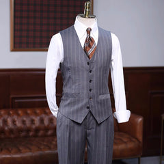 Gray Striped Three-Piece Notched Lapel Formal Business Suit