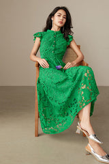 Green A-line Tea Length Lace Dress with Flutter Sleeves