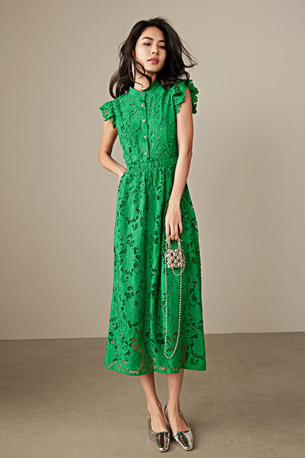 Green A-line Tea Length Lace Dress with Flutter Sleeves