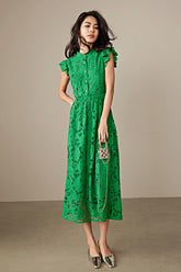 Green A-line Tea Length Lace Dress with Flutter Sleeves