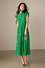 Green A-line Tea Length Lace Dress with Flutter Sleeves