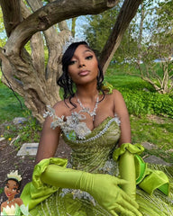 Green Ball Gown Prom Dress Strapless Sweetheart Sheer Illusion 3D Silver Crystal Floral Vine Applique Oversized Satin Bow Hip Voluminous Glitter Tulle Cathedral Train with Gloves