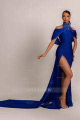 Green High Neck Pleated Mermaid Formal Dress Halter With Appliques