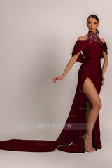 Green High Neck Pleated Mermaid Formal Dress Halter With Appliques