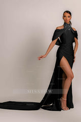 Green High Neck Pleated Mermaid Formal Dress Halter With Appliques