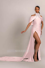 Green High Neck Pleated Mermaid Formal Dress Halter With Appliques