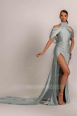 Green High Neck Pleated Mermaid Formal Dress Halter With Appliques