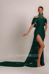 Green High Neck Pleated Mermaid Formal Dress Halter With Appliques