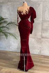 Green Long Sleeves Mermaid Side Split Formal Dress With Appliques