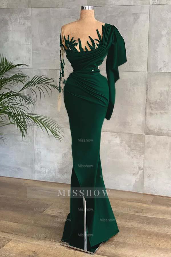 Green Long Sleeves Mermaid Side Split Formal Dress With Appliques