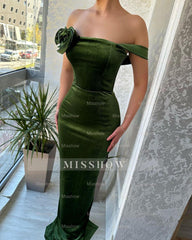 Green Mermaid Off the Shoulder Flowers Stain Prom Dress with Ruffles