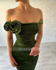 Green Mermaid Off the Shoulder Flowers Stain Prom Dress with Ruffles