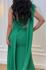 Green Mermaid One Shoulder Sleeveless Beaded Long Pleated Formal Dress With Feather