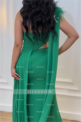 Green Mermaid One Shoulder Sleeveless Beaded Long Pleated Formal Dress With Feather