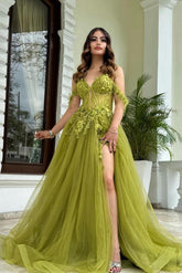 Green Off Shoulder Sweetheart Sleeveless Tulle Floral A-Line Formal Evening Dress