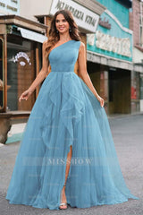 Green One Shoulder Sleeveless A-Line Tulle Ruffled Front Slit Floor Formal Evening Dress