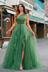 Green One Shoulder Sleeveless A-Line Tulle Ruffled Front Slit Floor Formal Evening Dress
