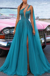 Green One Shoulder Sleeveless Beaded Sequined A-line High Slit Floor Formal Evening Gown