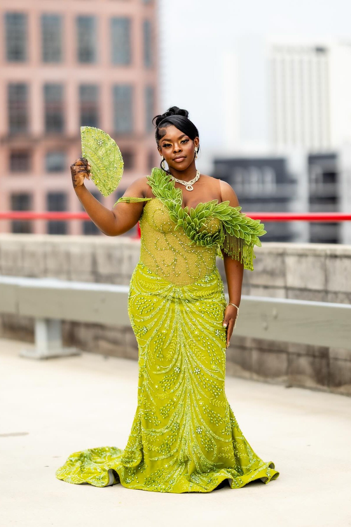 Green Plus Size Mermaid Prom Dress Strapless Sweetheart Sheer Illusion Corset One Shoulder 3D Green Leaf Applique Green Bugle Bead Fringe Tassel Silver Radial Scroll Vine Beading 3D Micro Floral Rhinestone Sweep Train Gown