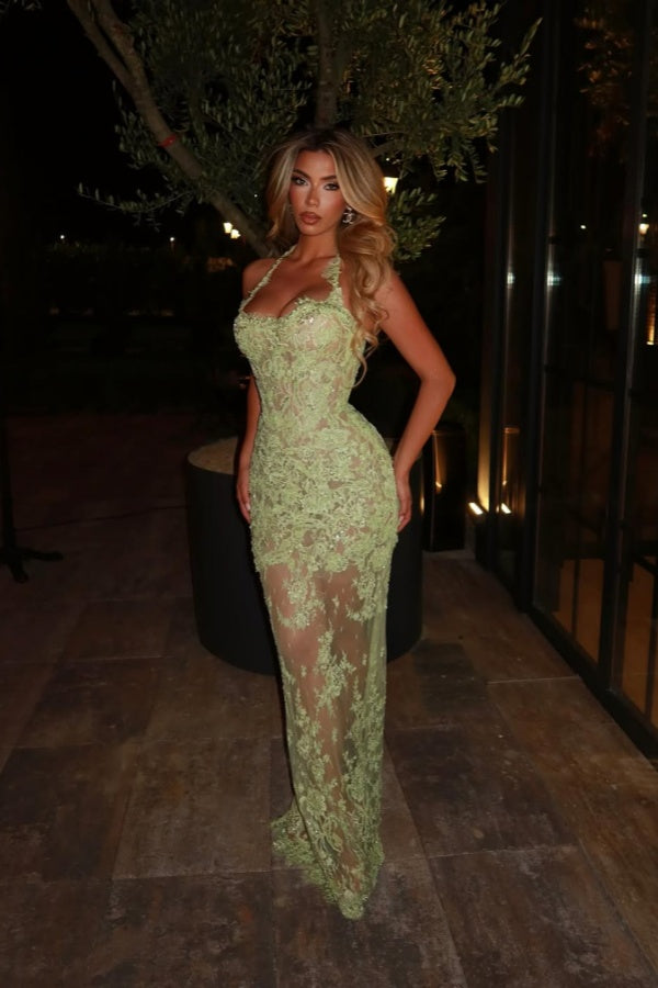 Green Rhinestone Halter Sleeveless Mermaid Lace Applique Floor Length Formal Evening Dress