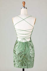 Hot Selling Sheath Spaghetti Straps Green Short Homecoming Dress with Criss Cross Back