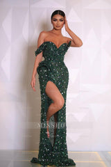 Green Sequin Beaded Rhinestone Off Shoulder Sequined Mermaid Floor Length Evening Gown