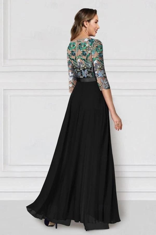 Green Sequin Floral Illusion Bodice Mother of the Bride Dress 3/4 Sleeve A-Line Chiffon Floor Length Formal Gown