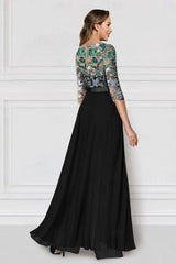Green Sequin Floral Illusion Bodice Mother of the Bride Dress 3/4 Sleeve A-Line Chiffon Floor Length Formal Gown