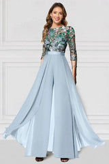 Green Sequin Floral Illusion Bodice Mother of the Bride Dress 3/4 Sleeve A-Line Chiffon Floor Length Formal Gown