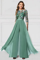 Green Sequin Floral Illusion Bodice Mother of the Bride Dress 3/4 Sleeve A-Line Chiffon Floor Length Formal Gown