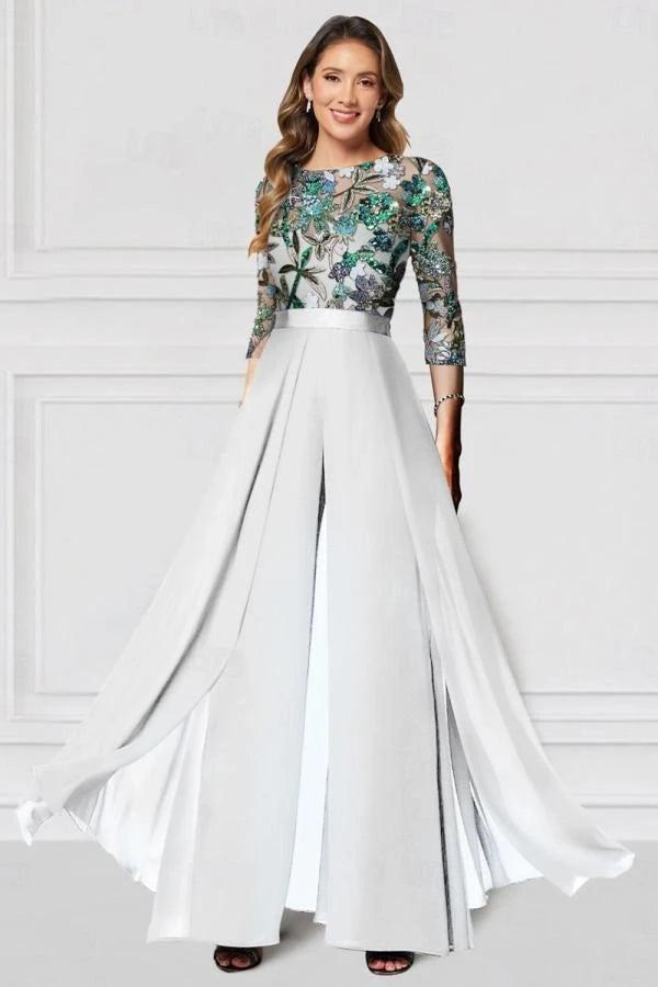Green Sequin Floral Illusion Bodice Mother of the Bride Dress 3/4 Sleeve A-Line Chiffon Floor Length Formal Gown
