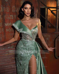 Green Sequins Formal Dress One Shoulder With Sleeveless Trail High Slit