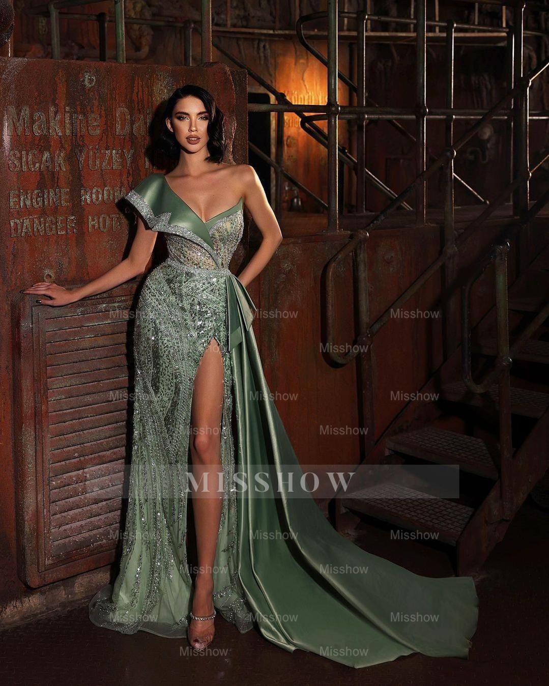 Green Sequins Formal Dress One Shoulder With Sleeveless Trail High Slit