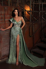 Green Sequins Formal Dress One Shoulder With Sleeveless Trail High Slit