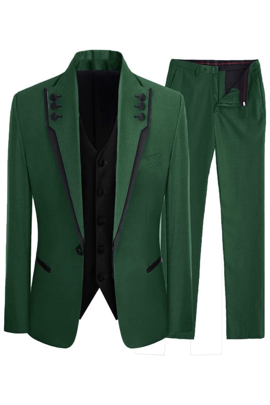 Green Shawl Lapel Slim Fit Three-Piece Prom Suit For Men
