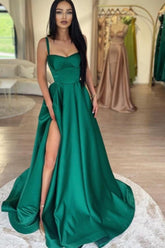 Green Shiny Elastic Satin Front Split Court Train Prom Evening Dresses