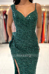 Green Spaghetti Strap Sequined Mermaid Ruffled Slit Floor Length Formal Evening Dress