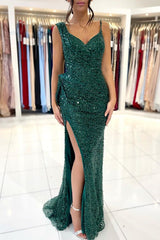 Green Spaghetti Strap Sequined Mermaid Ruffled Slit Floor Length Formal Evening Dress