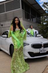 Green Strapless Sequined Prom Dress Sheer Mermaid Gown with Veil